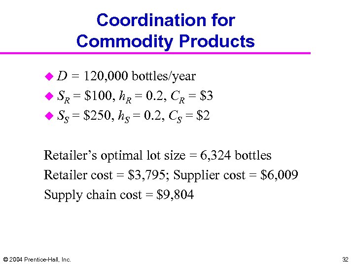 Coordination for Commodity Products u. D = 120, 000 bottles/year u SR = $100,