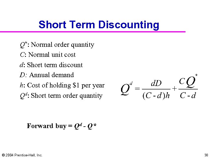 Short Term Discounting Q*: Normal order quantity C: Normal unit cost d: Short term