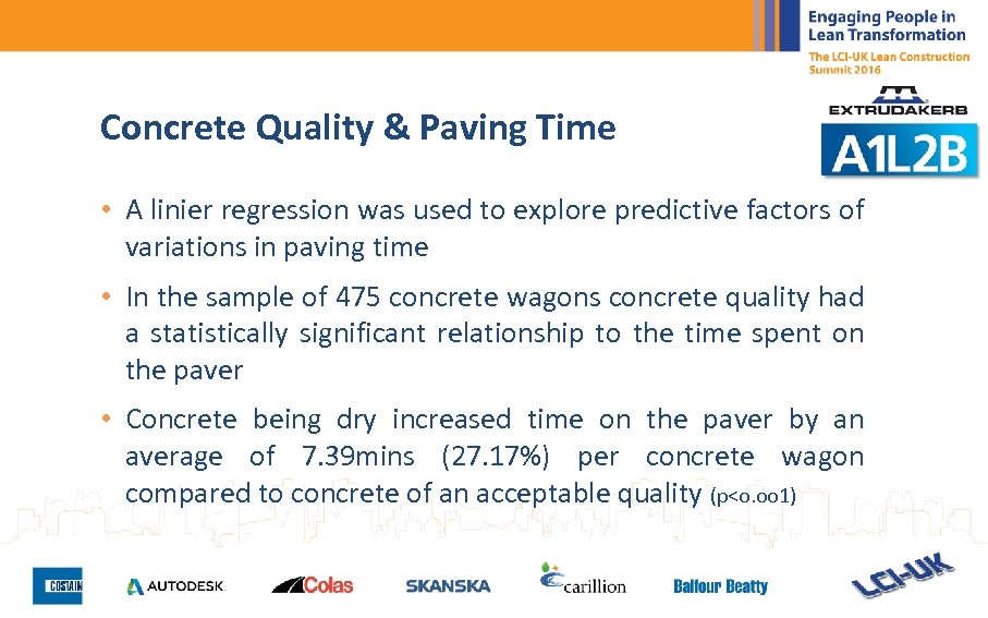 Concrete Quality & Paving Time • A linier regression was used to explore predictive