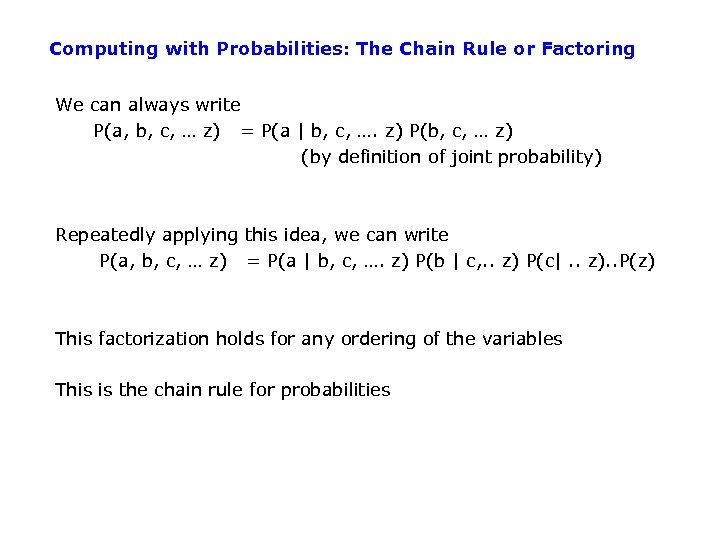 Computing with Probabilities: The Chain Rule or Factoring We can always write P(a, b,