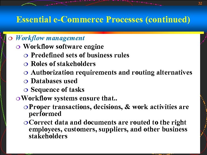 32 Essential e-Commerce Processes (continued) ¦ Workflow management ¦ Workflow software engine ¦ Predefined