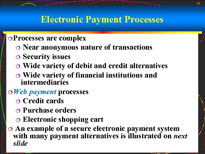 34 Electronic Payment Processes ¦ Processes are complex ¦ Near anonymous nature of transactions