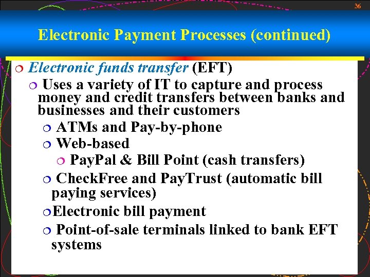 36 Electronic Payment Processes (continued) ¦ Electronic funds transfer (EFT) ¦ Uses a variety