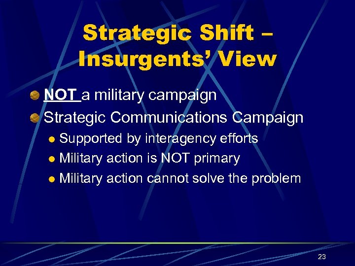 Strategic Shift – Insurgents’ View NOT a military campaign Strategic Communications Campaign Supported by