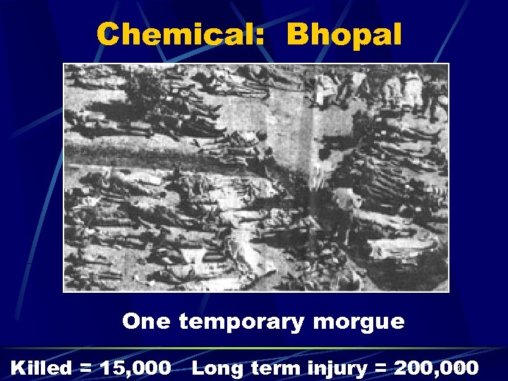 Chemical: Bhopal One temporary morgue 30 Killed = 15, 000 Long term injury =