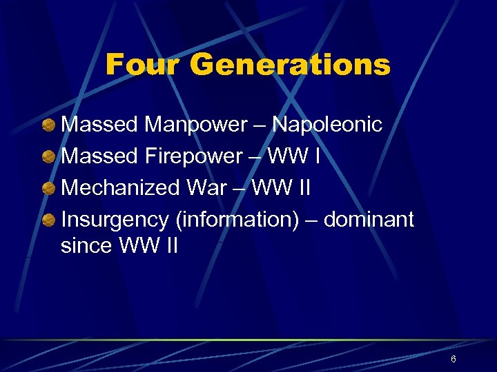 Four Generations Massed Manpower – Napoleonic Massed Firepower – WW I Mechanized War –