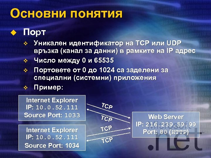 Основни понятия u Порт v v Уникален идентификатор на TCP или UDP връзка (канал