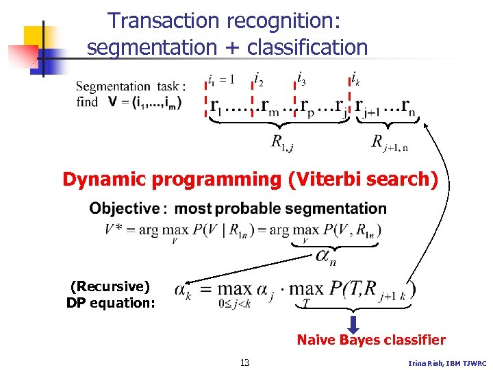 Transaction recognition: segmentation + classification Dynamic programming (Viterbi search) (Recursive) DP equation: Naive Bayes