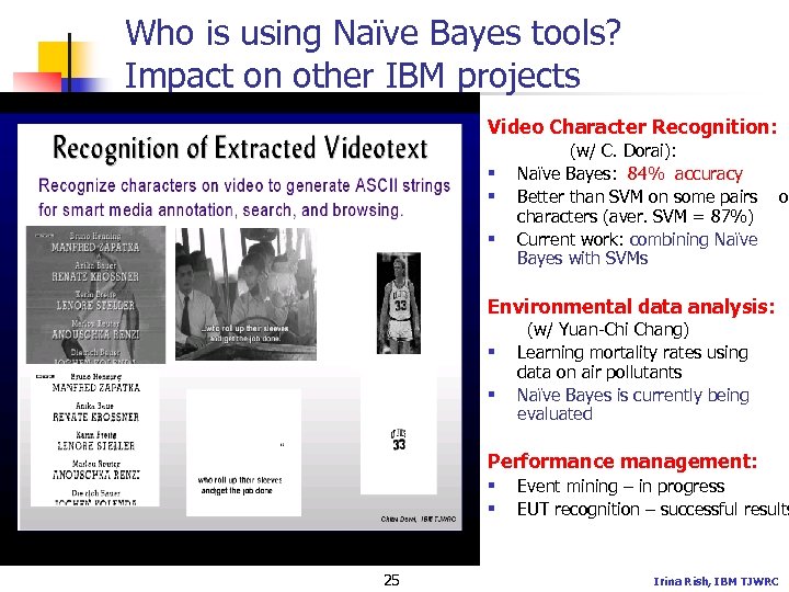 Who is using Naïve Bayes tools? Impact on other IBM projects Video Character Recognition: