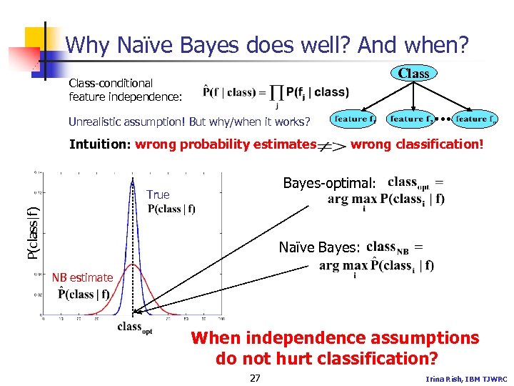 Why Naïve Bayes does well? And when? Class-conditional feature independence: Unrealistic assumption! But why/when