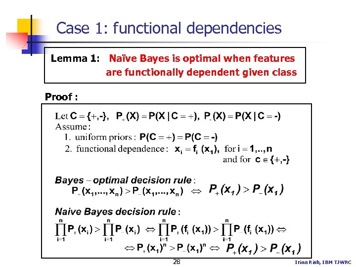 Case 1: functional dependencies Lemma 1: Naïve Bayes is optimal when features are functionally