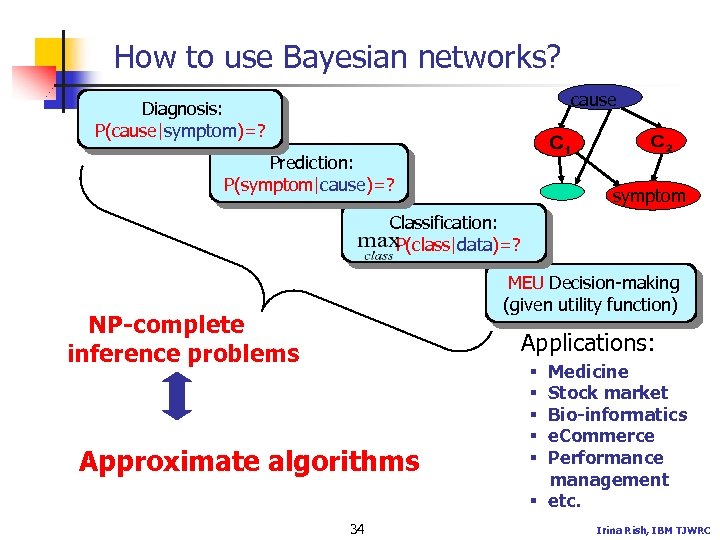 How to use Bayesian networks? cause Diagnosis: P(cause|symptom)=? Prediction: P(symptom|cause)=? symptom Classification: P(class|data)=? MEU