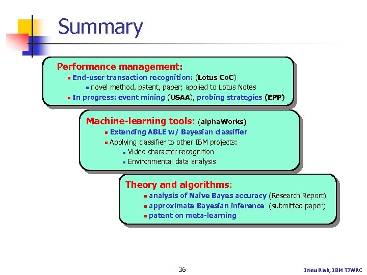 Summary Performance management: End-user transaction recognition: (Lotus Co. C) n novel method, patent, paper;