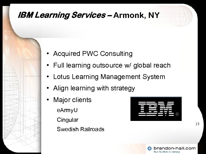 IBM Learning Services – Armonk, NY • Acquired PWC Consulting • Full learning outsource