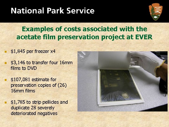Examples of costs associated with the acetate film preservation project at EVER n n