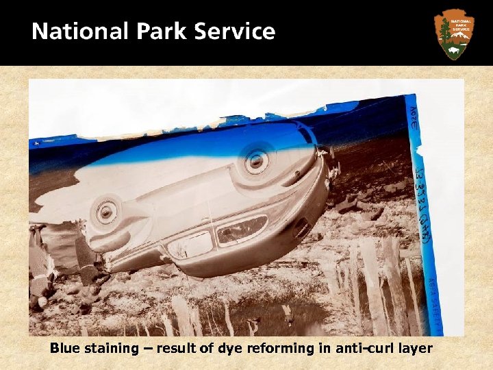 Blue staining – result of dye reforming in anti-curl layer 