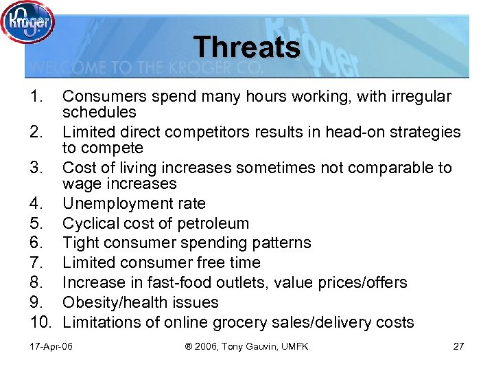 Threats 1. Consumers spend many hours working, with irregular schedules 2. Limited direct competitors