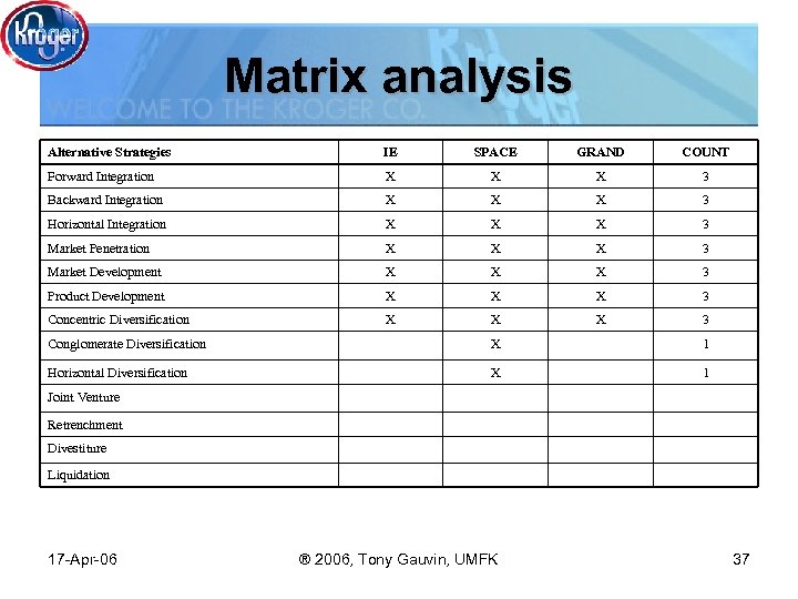 Matrix analysis Alternative Strategies IE SPACE GRAND COUNT Forward Integration X X X 3