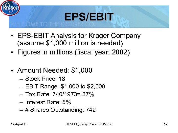 EPS/EBIT • EPS-EBIT Analysis for Kroger Company (assume $1, 000 million is needed) •