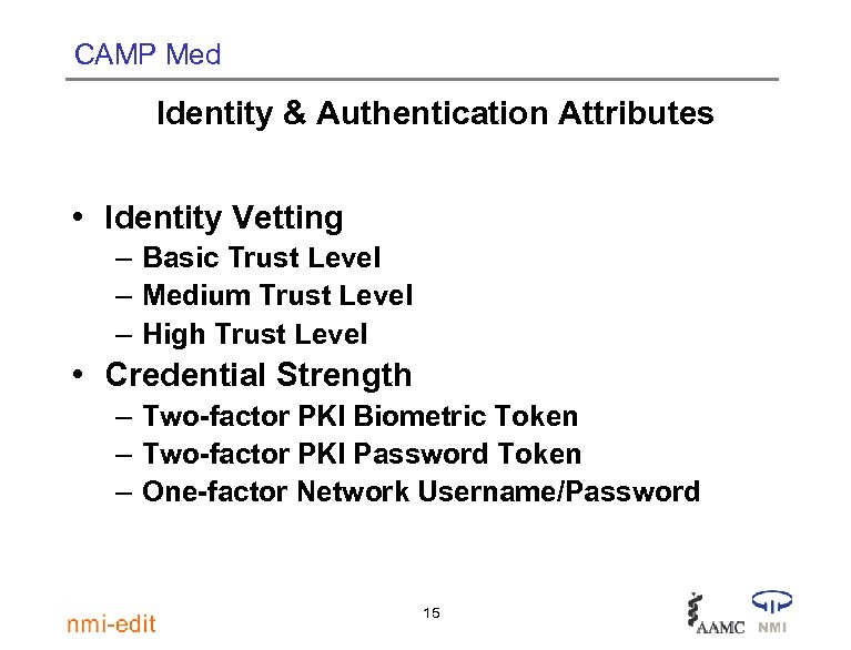 CAMP Med Identity & Authentication Attributes • Identity Vetting – Basic Trust Level –