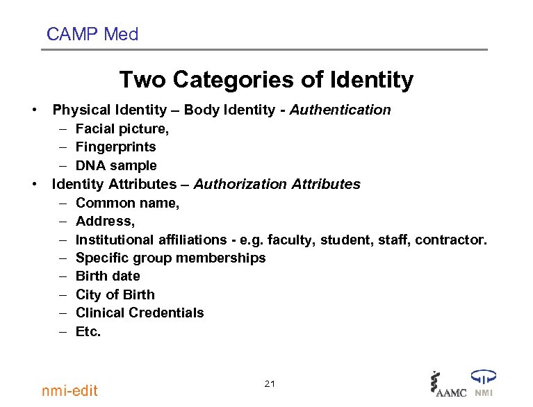 CAMP Med Two Categories of Identity • Physical Identity – Body Identity - Authentication