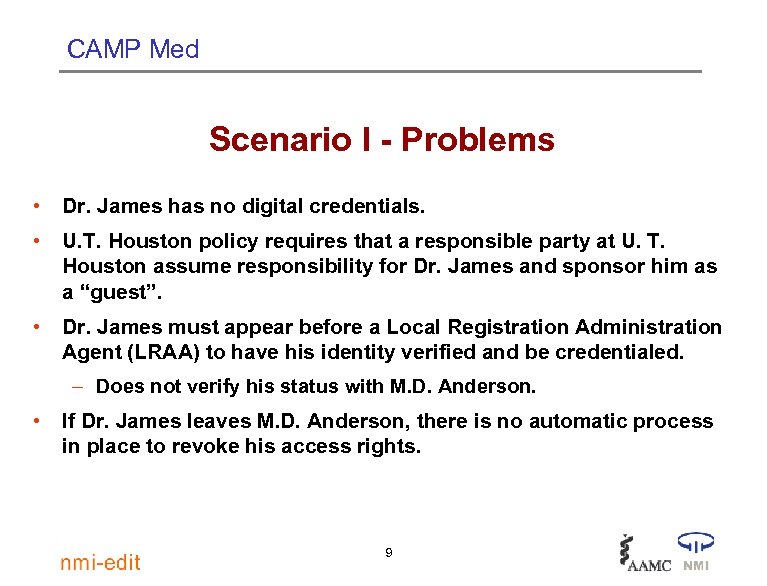 CAMP Med Scenario I - Problems • Dr. James has no digital credentials. •