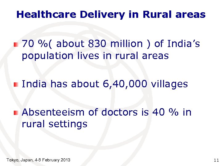 Healthcare Delivery in Rural areas 70 %( about 830 million ) of India’s population