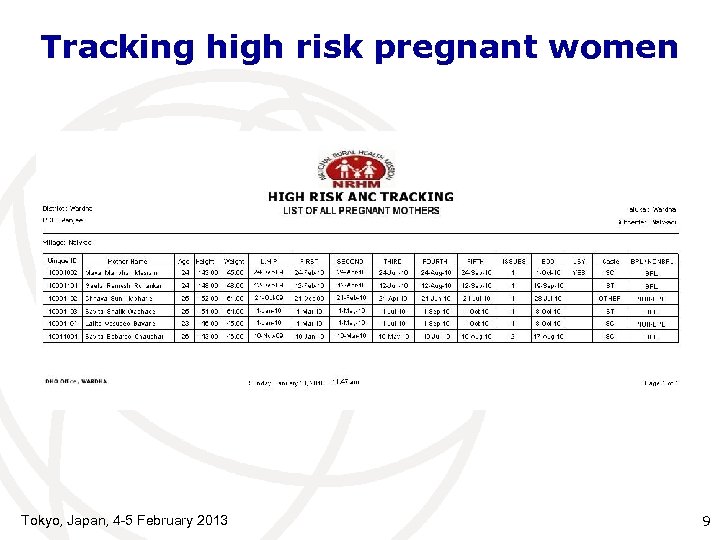 Tracking high risk pregnant women Tokyo, Japan, 4 -5 February 2013 9 