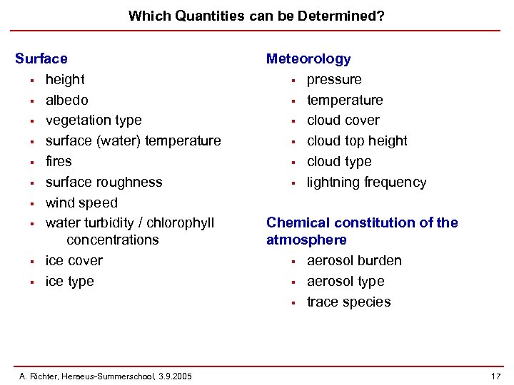 Which Quantities can be Determined? Surface § height § albedo § vegetation type §