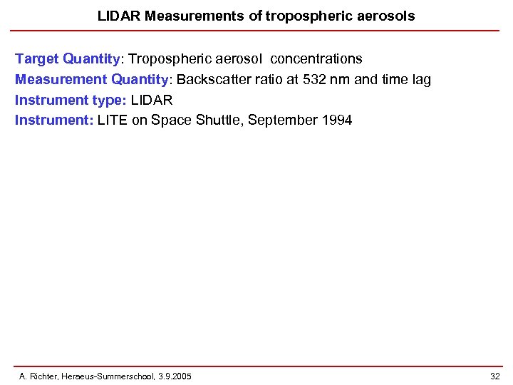 LIDAR Measurements of tropospheric aerosols Target Quantity: Tropospheric aerosol concentrations Measurement Quantity: Backscatter ratio