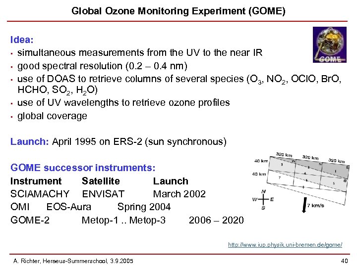 Global Ozone Monitoring Experiment (GOME) Idea: • simultaneous measurements from the UV to the