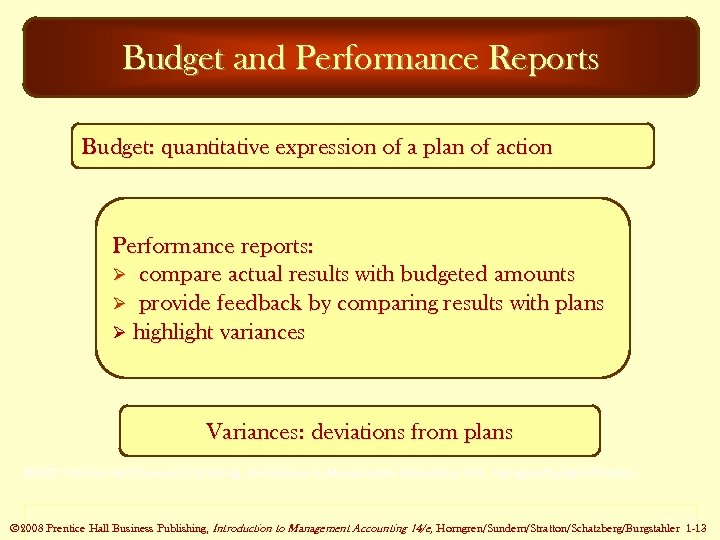 Budget and Performance Reports Budget: quantitative expression of a plan of action Performance reports: