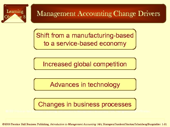 Learning Objective 8 Management Accounting Change Drivers Shift from a manufacturing-based to a service-based