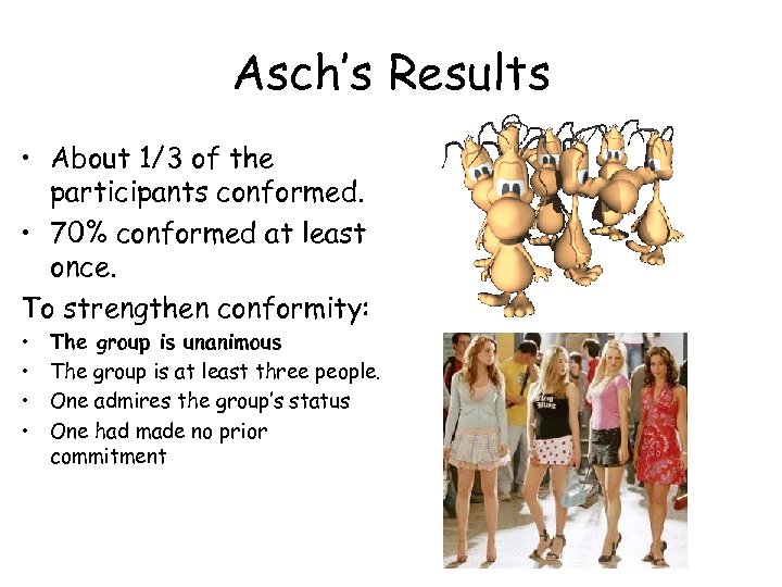 Asch’s Results • About 1/3 of the participants conformed. • 70% conformed at least