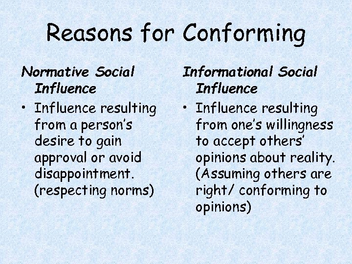 Reasons for Conforming Normative Social Influence • Influence resulting from a person’s desire to