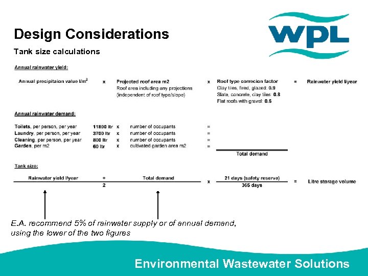 Design Considerations Tank size calculations E. A. recommend 5% of rainwater supply or of