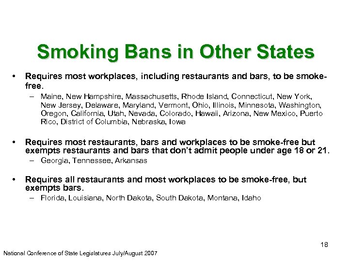 Smoking Bans in Other States • Requires most workplaces, including restaurants and bars, to