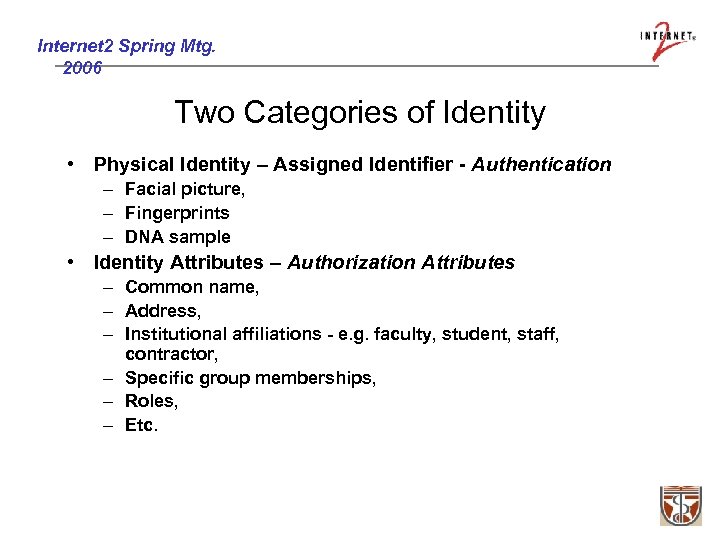 Internet 2 Spring Mtg. 2006 Two Categories of Identity • Physical Identity – Assigned