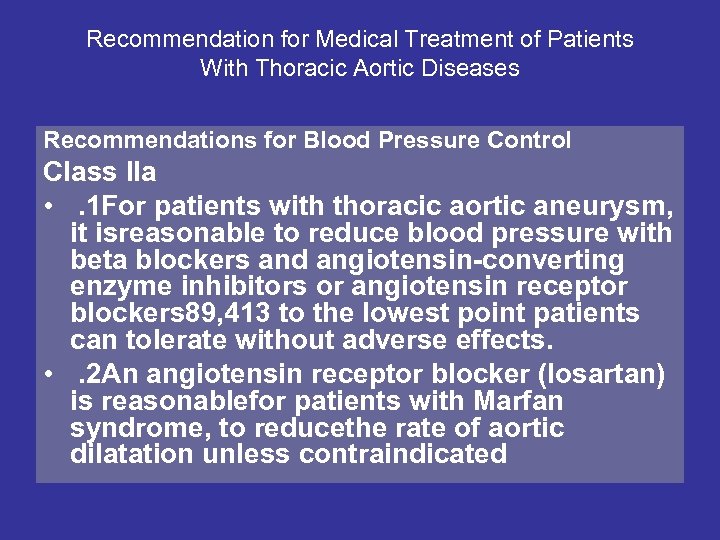 Recommendation for Medical Treatment of Patients With Thoracic Aortic Diseases Recommendations for Blood Pressure