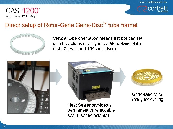 Direct setup of Rotor-Gene-Disc™ tube format Vertical tube orientation means a robot can set