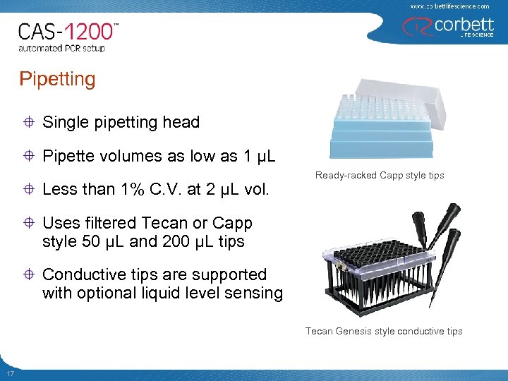 Pipetting Single pipetting head Pipette volumes as low as 1 µL Less than 1%