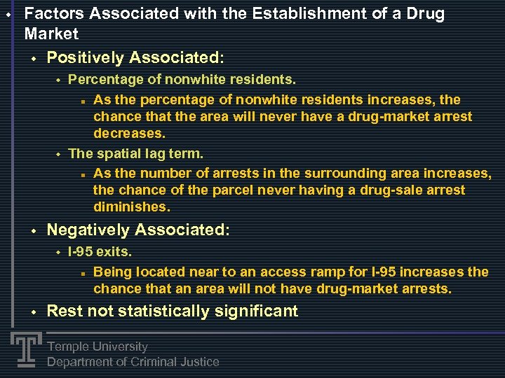 w Factors Associated with the Establishment of a Drug Market w Positively Associated: w