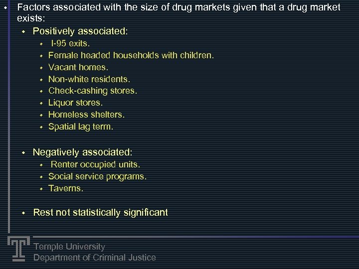 w Factors associated with the size of drug markets given that a drug market