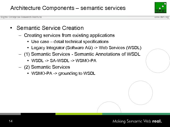 Architecture Components – semantic services • Semantic Service Creation – Creating services from existing