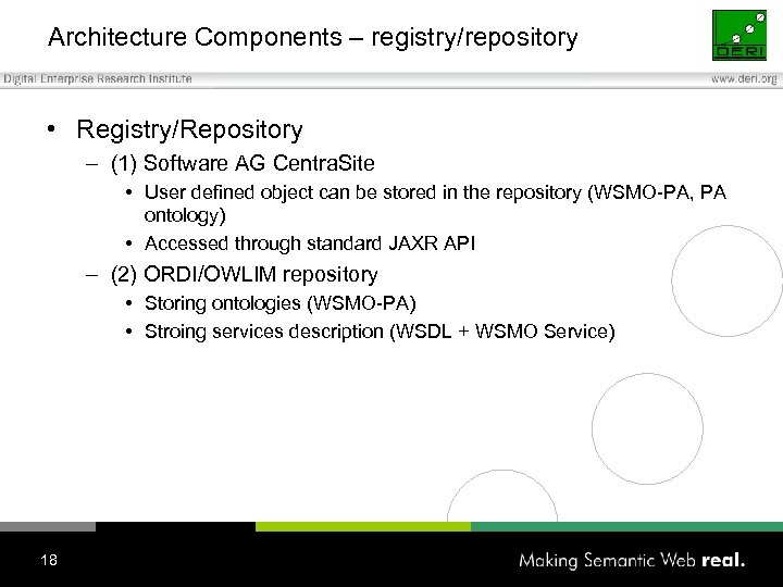 Architecture Components – registry/repository • Registry/Repository – (1) Software AG Centra. Site • User