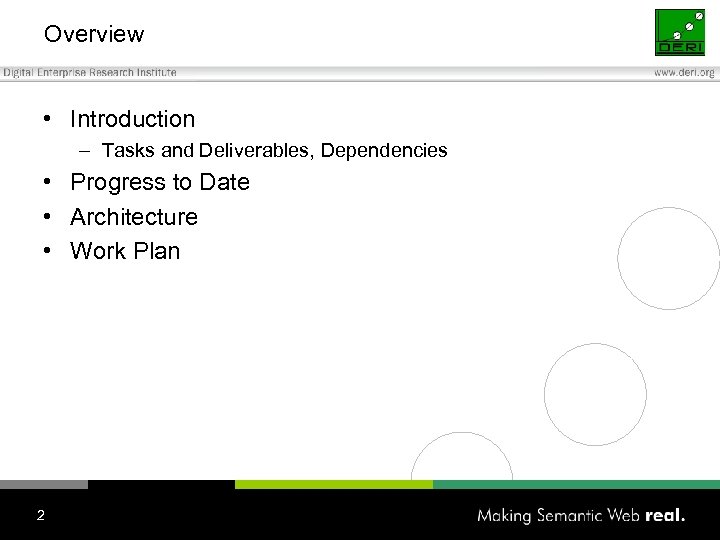 Overview • Introduction – Tasks and Deliverables, Dependencies • Progress to Date • Architecture