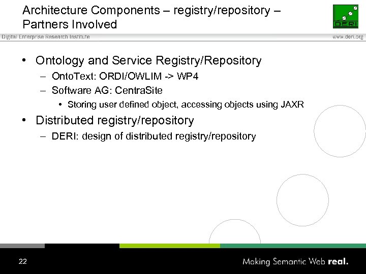 Architecture Components – registry/repository – Partners Involved • Ontology and Service Registry/Repository – Onto.