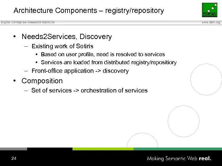 Architecture Components – registry/repository • Needs 2 Services, Discovery – Existing work of Sotiris