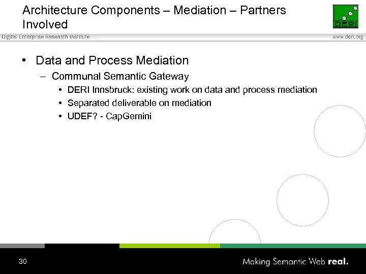 Architecture Components – Mediation – Partners Involved • Data and Process Mediation – Communal