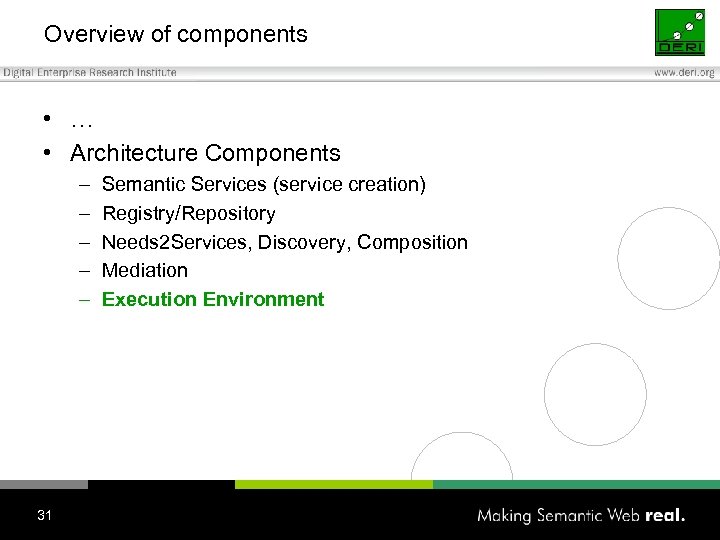 Overview of components • … • Architecture Components – – – 31 Semantic Services